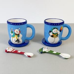 Snowman Coffee Cocoa Cup Mug Set Of 2 Each Cup Spoon Coaster Ceramic 2012 NEW